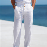 Men's Lightweight Camel Linen Beach Straight Leg Relaxed Fit Trousers