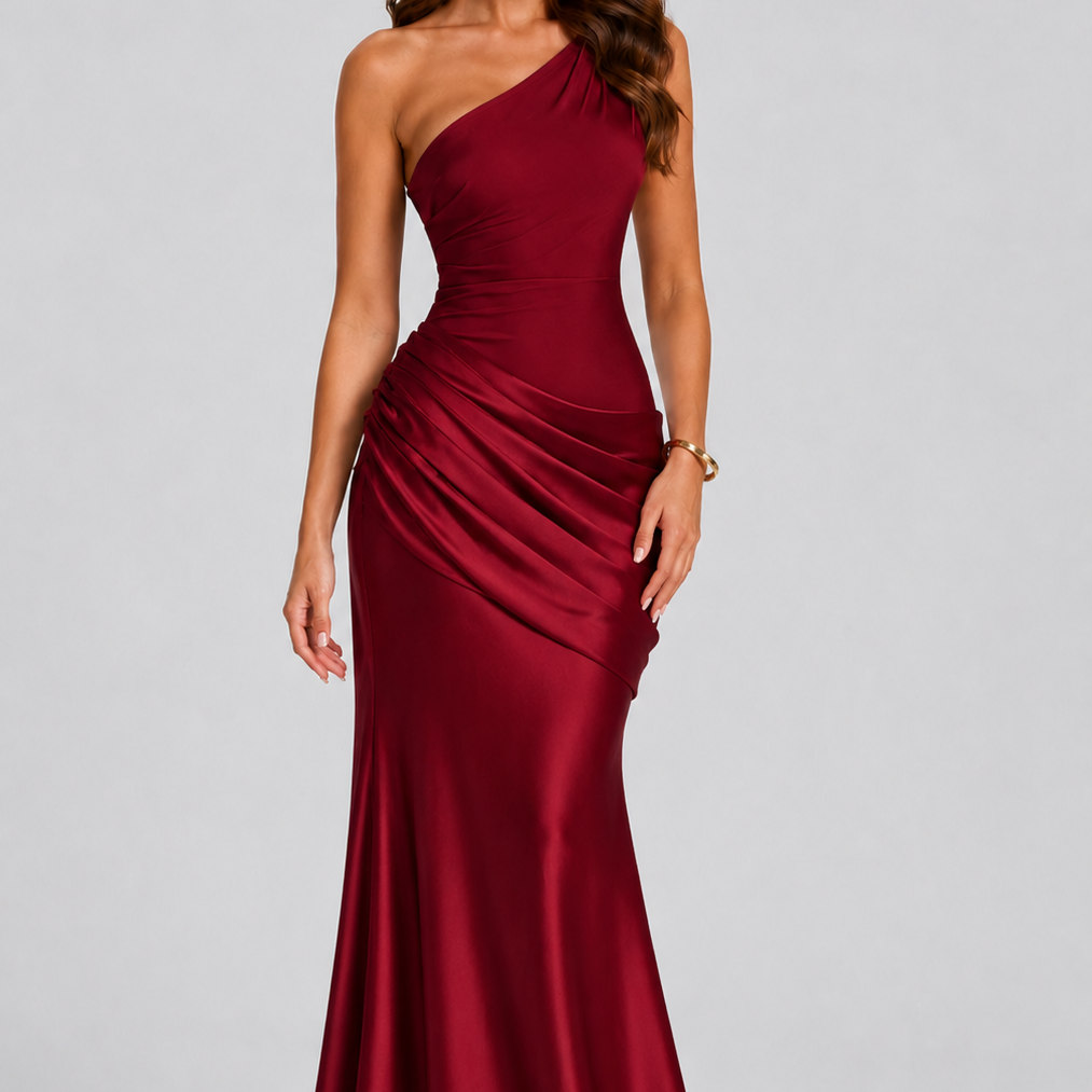Women's One Shoulder Draped Satin Maxi Dress
