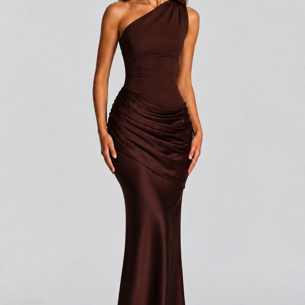 Women's One Shoulder Draped Satin Maxi Dress