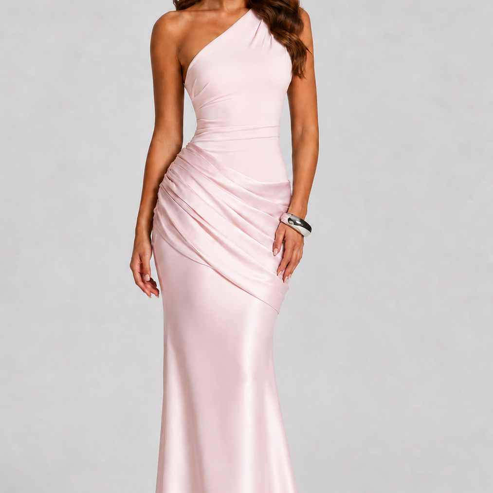 Women's One Shoulder Draped Satin Maxi Dress
