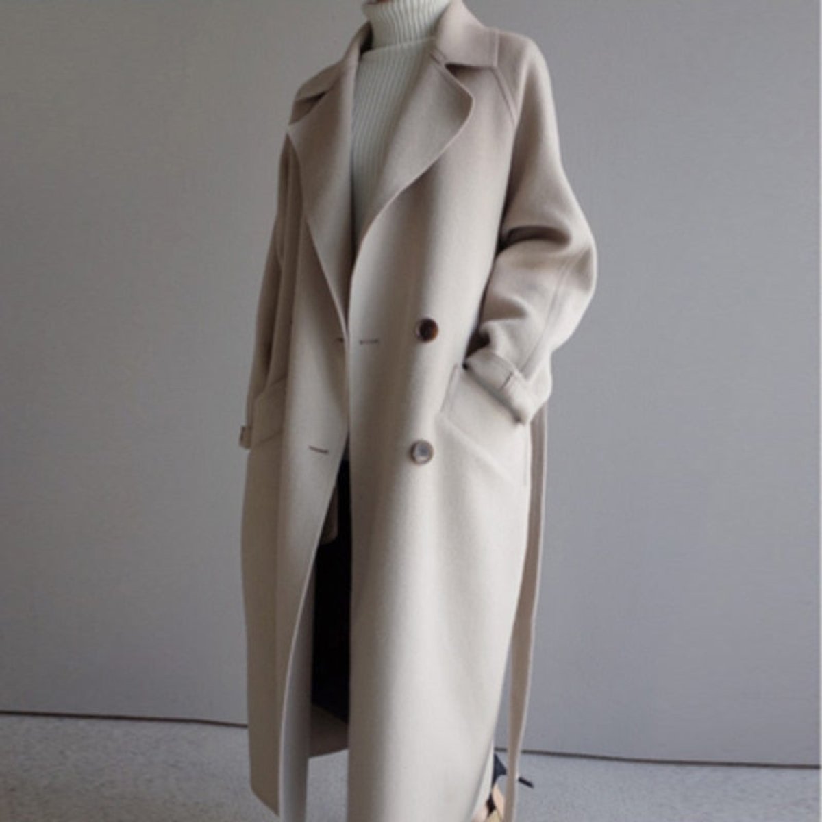 Women's Longline Double-Breasted Belted Wool Coat