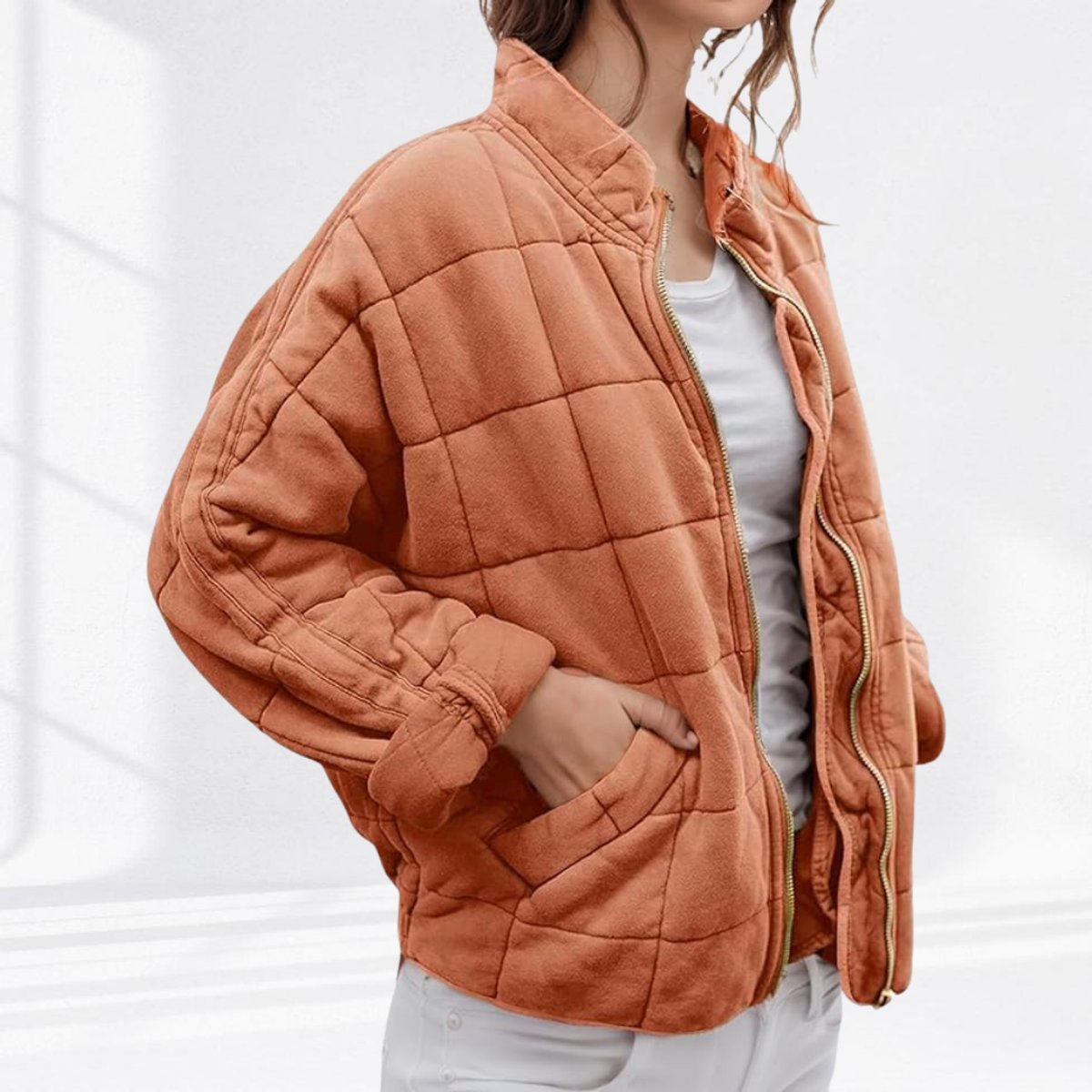 Oversized Quilted Zip-Up Jacket with Stand Collar