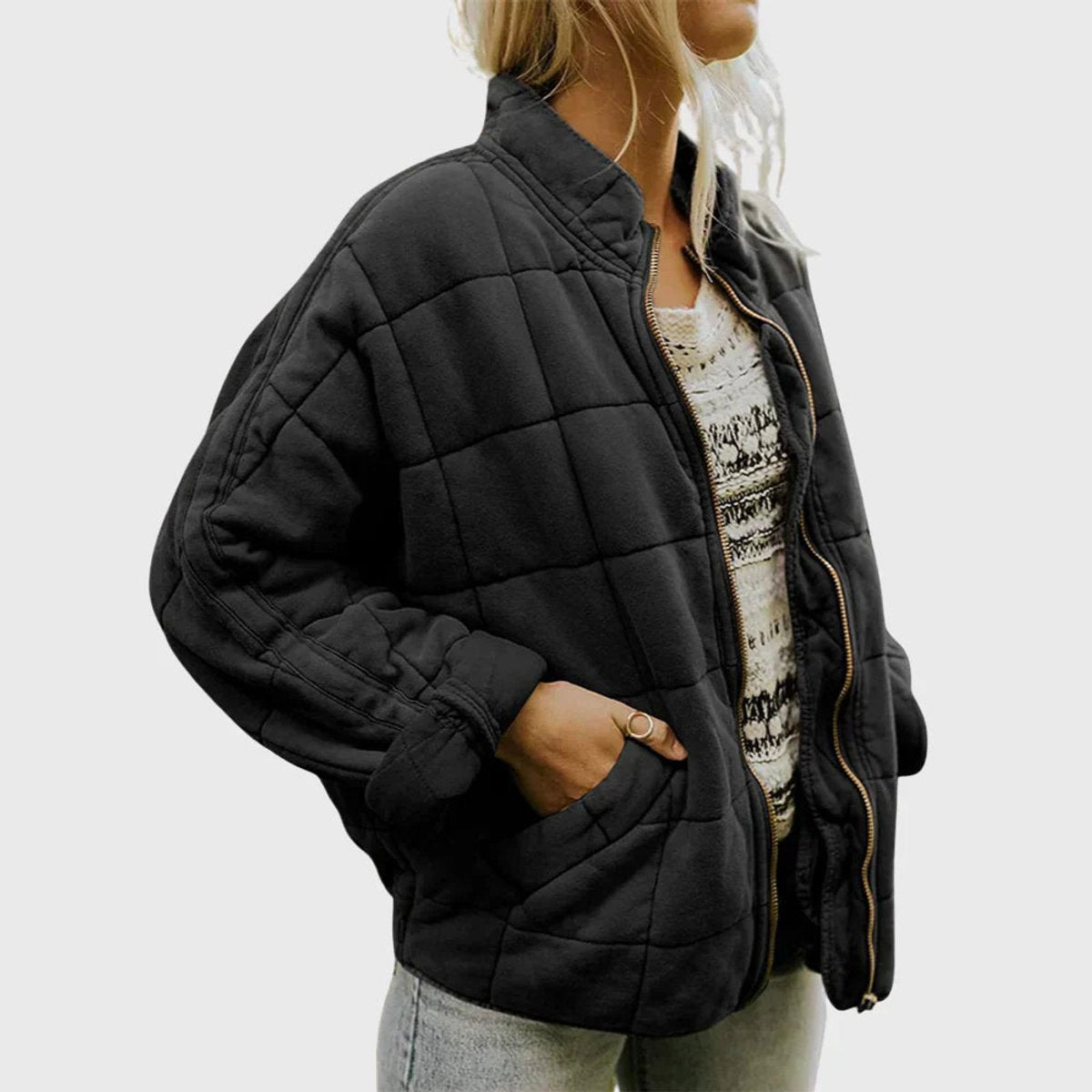 Oversized Quilted Zip-Up Jacket with Stand Collar