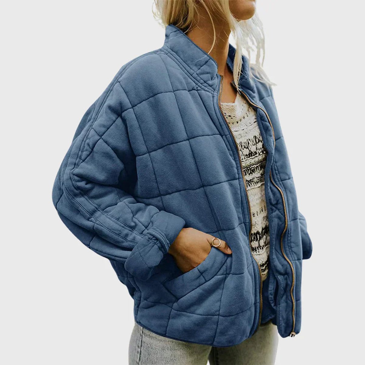 Oversized Quilted Zip-Up Jacket with Stand Collar